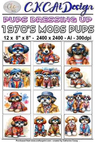 12 - 8×8 Card Fronts Puppies playing Dressup - 1970s Mods Pups