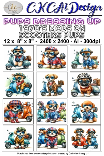 12 - 8×8 Card Fronts Puppies playing Dressup - 1970s Mods Scooters Pups