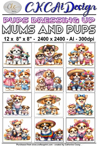 12 - 8×8 Card Fronts Puppies playing Dressup - Mums and Pups