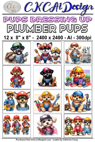 12 - 8×8 Card Fronts Puppies playing Dressup - Plumber Pups