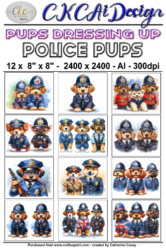 12 - 8×8 Card Fronts Puppies playing Dressup - Police Pups