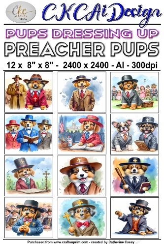 12 - 8×8 Card Fronts Puppies playing Dressup - Preacher Pups
