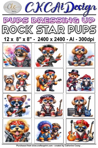 12 - 8×8 Card Fronts Puppies playing Dressup - Rock Star Pups