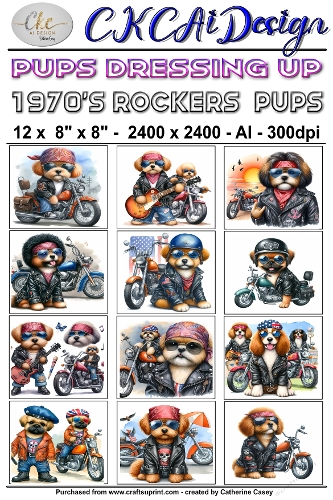 12 - 8×8 Card Fronts Puppies playing Dressup - Rocker Motorcycle Pups