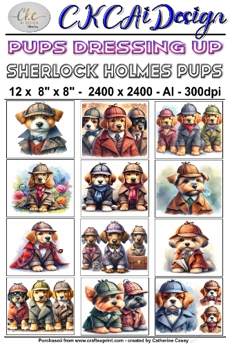 12 - 8×8 Card Fronts Puppies playing Dressup - Sherlock Pups