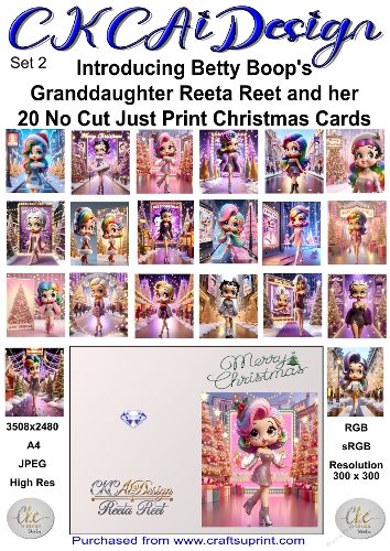 20 No Cut Just Print Reeta Reet Christmas Cards Set 2