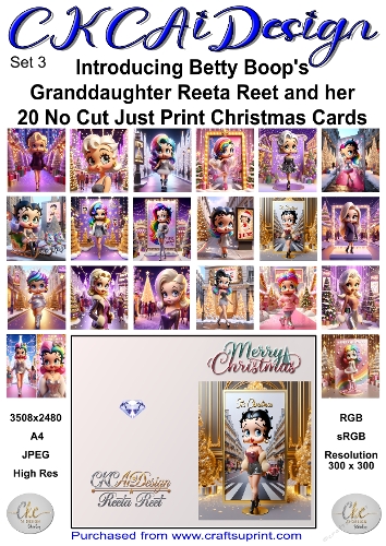 20 No Cut Just Print Reeta Reet Christmas Cards Set 3