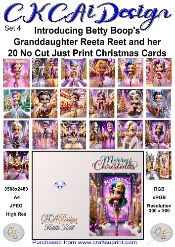 20 No Cut Just Print Reeta Reet Christmas Cards Set 4