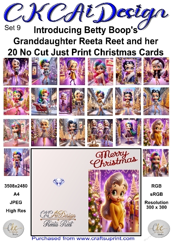 20 No Cut Just Print Reeta Reet Christmas Cards Set 9