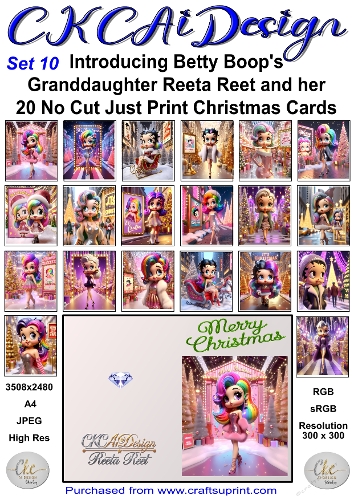 20 No Cut Just Print Reeta Reet Christmas Cards Set 10