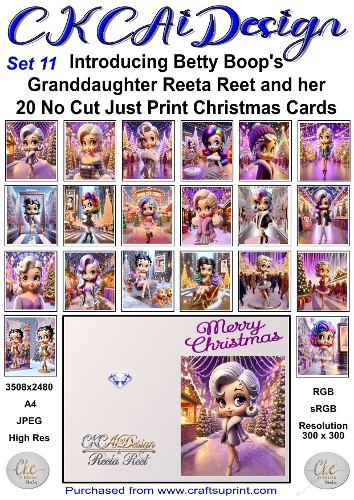 20 No Cut Just Print Reeta Reet Christmas Cards Set 11