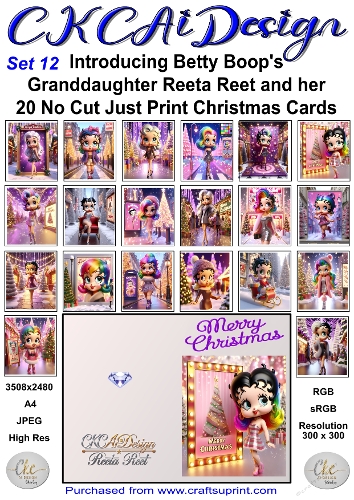 20 No Cut Just Print Reeta Reet Christmas Cards Set 12