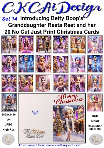 20 No Cut Just Print Reeta Reet Christmas Cards Set 14