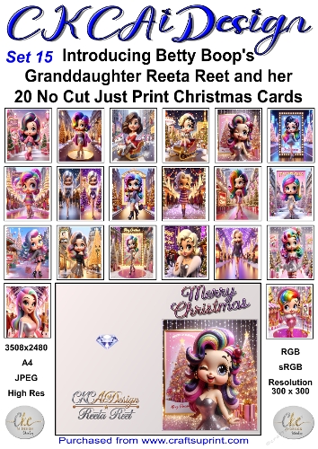20 No Cut Just Print Reeta Reet Christmas Cards Set 15