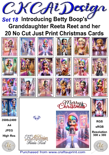 20 No Cut Just Print Reeta Reet Christmas Cards Set 18