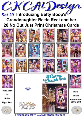 20 No Cut Just Print Reeta Reet Christmas Cards Set 20