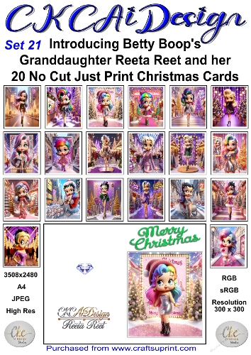20 No Cut Just Print Reeta Reet Christmas Cards Set 21