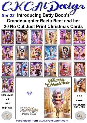 20 No Cut Just Print Reeta Reet Christmas Cards Set 22