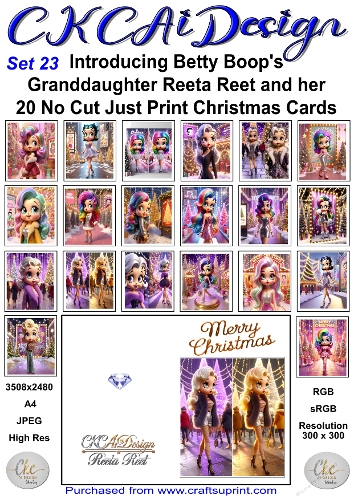 20 No Cut Just Print Reeta Reet Christmas Cards Set 23