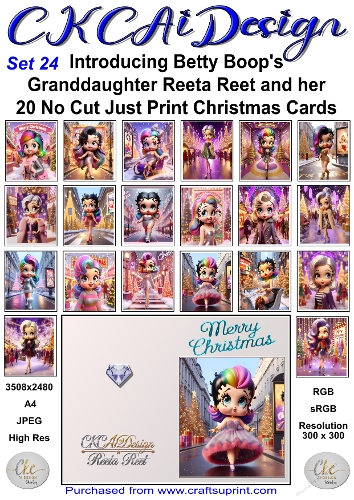 20 No Cut Just Print Reeta Reet Christmas Cards Set 24