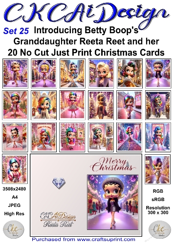 20 No Cut Just Print Reeta Reet Christmas Cards Set 25