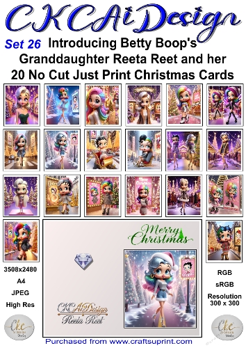 20 No Cut Just Print Reeta Reet Christmas Cards Set 26