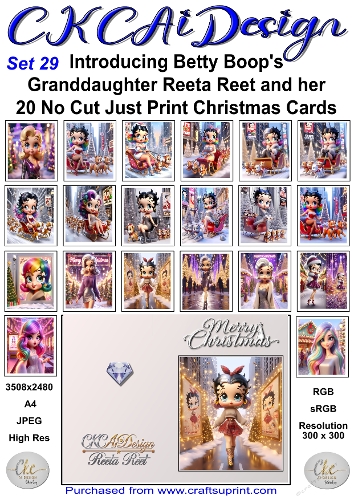 20 No Cut Just Print Reeta Reet Christmas Cards Set 29