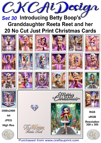 20 No Cut Just Print Reeta Reet Christmas Cards Set 30
