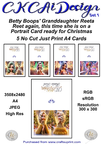 5 x No Cut Just Print Cards Reeta Reet Christmas Cards Set 1