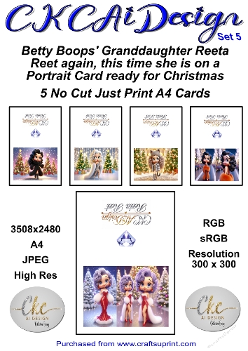 5 x No Cut Just Print Cards Reeta Reet Christmas Cards Set 5