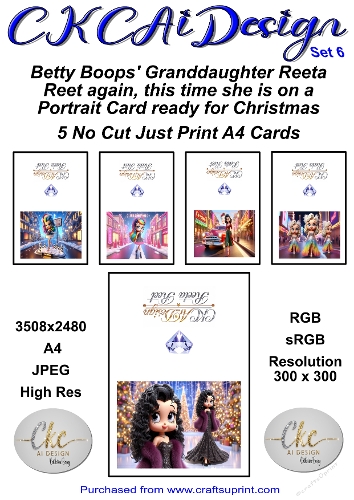 5 x No Cut Just Print Cards Reeta Reet Christmas Cards Set 6