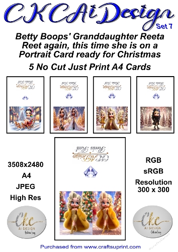 5 x No Cut Just Print Cards Reeta Reet Christmas Cards Set 7