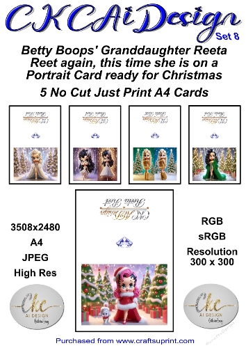 5 x No Cut Just Print Cards Reeta Reet Christmas Cards Set 8