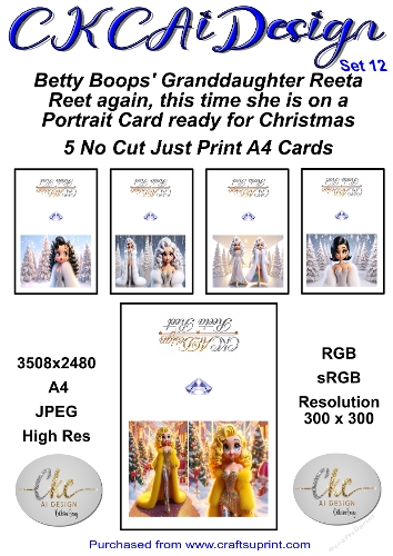 5 x No Cut Just Print Cards Reeta Reet Christmas Cards Set 12