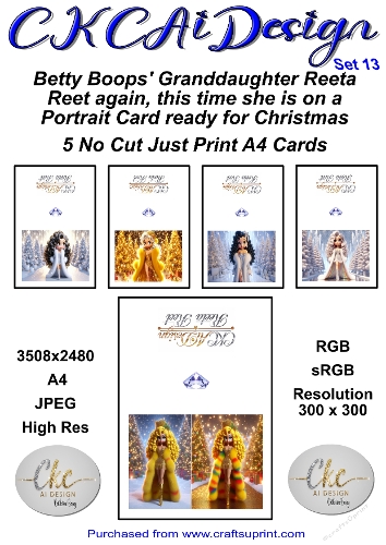 5 x No Cut Just Print Cards Reeta Reet Christmas Cards Set 13