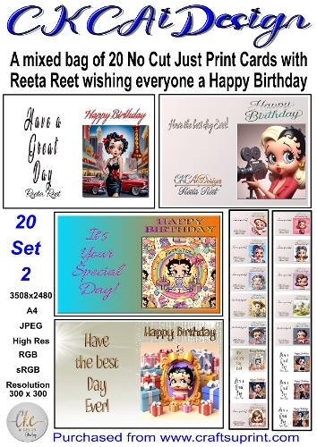 20 x No Cut Just Print Reeta Reet Cards Birthday Mixed Styles Set 2