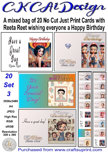 20 x No Cut Just Print Reeta Reet Cards Birthday Mixed Styles Set 3
