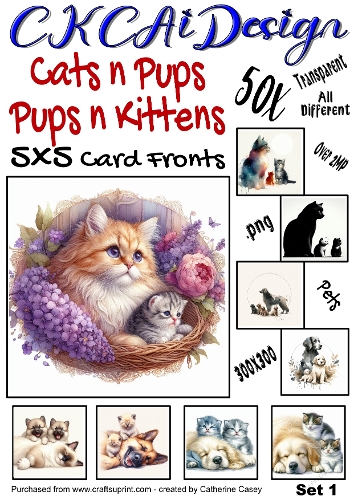 50x Cats n Pups and Dogs n Kittens Watercolour 5x5 Card Fronts Set 1 of 13