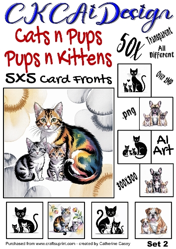 50x Cats n Pups and Dogs n Kittens Watercolour 5x5 Card Fronts Set 2 of 13