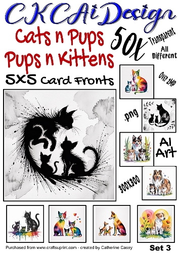 50x Cats n Pups and Dogs n Kittens Watercolour 5x5 Card Fronts Set 3 of 13