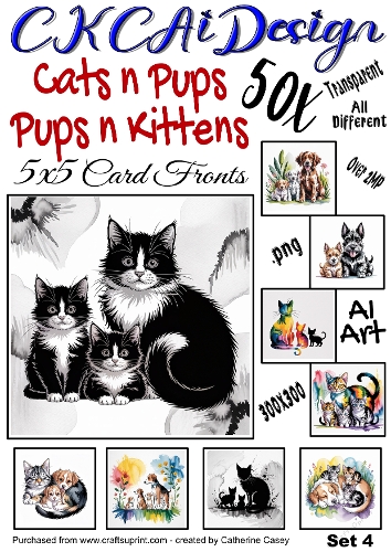50x Cats n Pups and Dogs n Kittens Watercolour 5x5 Card Fronts Set 4 of 13