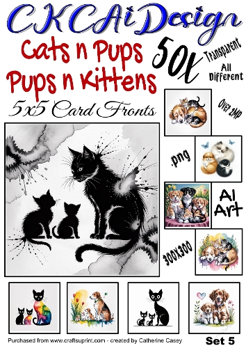 50x Cats n Pups and Dogs n Kittens Watercolour 5x5 Card Fronts Set 5 of 13