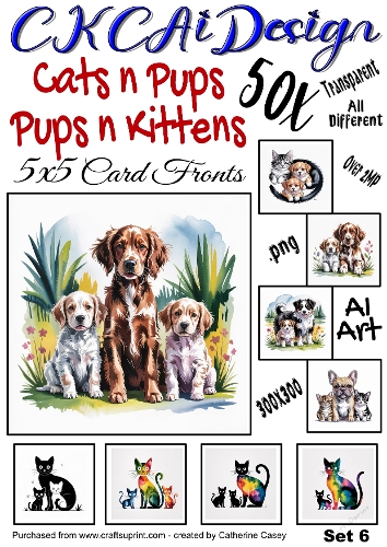 50x Cats n Pups and Dogs n Kittens Watercolour 5x5 Card Fronts Set 6 of 13