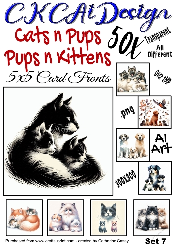 50x Cats n Pups and Dogs n Kittens Watercolour 5x5 Card Fronts Set 7 of 13