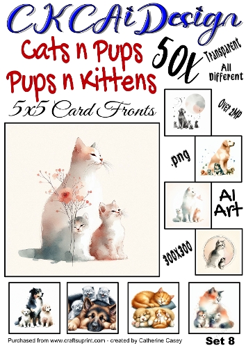 50x Cats n Pups and Dogs n Kittens Watercolour 5x5 Card Fronts Set 8 of 13