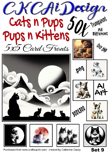 50x Cats n Pups and Dogs n Kittens Watercolour 5x5 Card Fronts Set 9 of 13