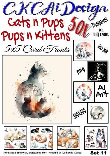 50x Cats n Pups and Dogs n Kittens Watercolour 5x5 Card Fronts Set 11 of 13