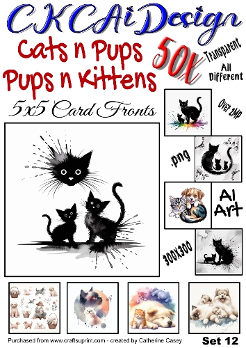 50x Cats n Pups and Dogs n Kittens Watercolour 5x5 Card Fronts Set 12 of 13