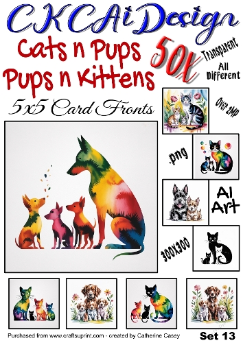 50x Cats n Pups and Dogs n Kittens Watercolour 5x5 Card Fronts Set 13 of 13