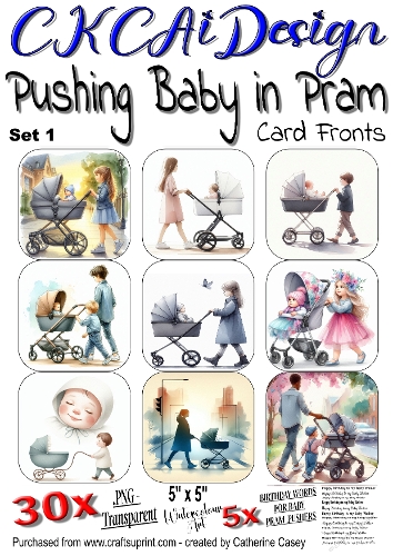 Baby being pushed in a Pram, 30x - 5x5 Card Fronts, Watercolour Set 1 of 8